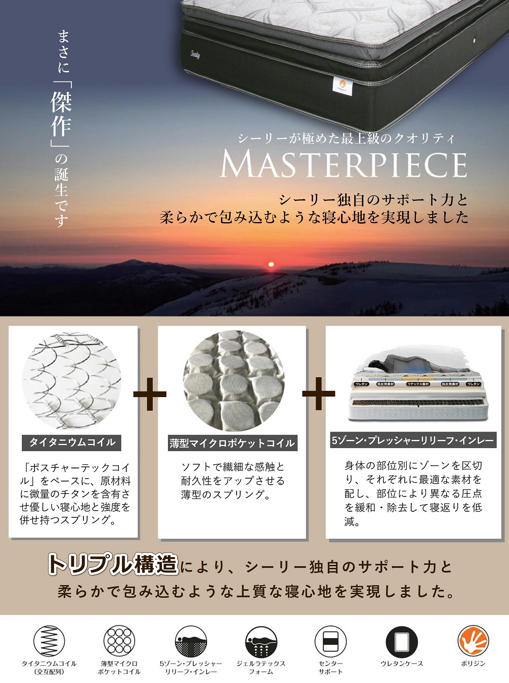 タイタニウムコイル+薄型マイクロポケットコイル+5ゾーン・プレッシャーリリーフ・インレーのトリブル構造により、シーリー独自のサポート力と柔らかで包み込むような上質な寝心地を実現した「マスターピース」
