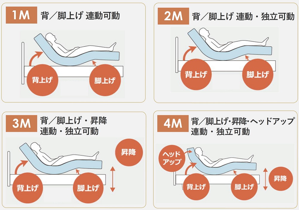 1M(背／脚上げ連動可動)　2M(背／脚上げ 連動・独立可動)　3M(背／脚上げ・昇降 連動・独立可動　4M(背／脚上げ・昇降・ヘッドアップ 連動・独立可動)